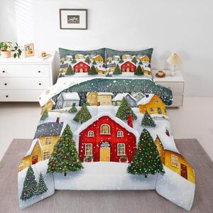 Erosebridal Комплект постельного белья Winter Village House с рождественской тематикой в деревенском стиле, Red Green Yellow