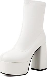 Женские ботильоны на высокой платформе с круглым носком, на массивном каблуке, средней длины, без застежки YUHATRG, White