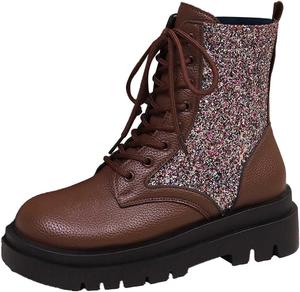 Женские ботильоны с блестками, на шнуровке, для путешествий, модные ботинки с грубой подошвой, боевые ботинки, уличные, с невысоким каблуком, средней длины Generic, C-Brown