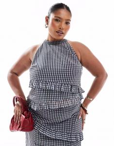 Эксклюзивный асимметричный топ без рукавов с рюшами и воротником-халтер от Renee Studio Plus в серую клетку