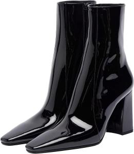 Женские кожаные ботильоны с квадратным носком, массивным высоким каблуком, боковой молнией, короткие повседневные комфортные ботинки, модная обувь на осень QIJOZXN, Black Patent