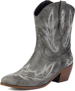 Женские ковбойские ботинки Bellirala, короткие ковбойские сапожки с вышивкой, западные ботильоны на устойчивом толстом каблуке с заостренным носком, широкие, до середины икры, короткие деревенские ботинки, Grey