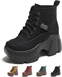 Женские кожаные ботильоны на платформе с бархатной подкладкой, шнуровкой, повседневные ботинки, модные и удобные, средней высоты, с толстой подошвой, для ходьбы и боевые ботинки Generic, Black