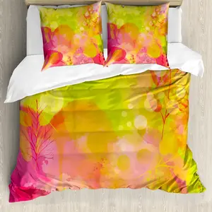 Пододеяльник ABAKUHAUS, пастельный, с акварельными рисунками "Весенний двор", с защитой от клещей, подходит для аллергиков, с наволочками, 155 см x 220 см - 80 x 80 см, цвет "Яблочно-зеленый бархатцы" Abakuhaus