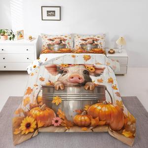 Erosebridal Комплект постельного белья Farm Animal Pig с осенним принтом из листьев и тыкв, тематика фермы и урожая, Yellow Orange
