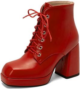 Женские ботильоны с квадратным носком и массивным каблуком, высокие с застежкой на шнуровке, модная обувь JMdfcqer, Red