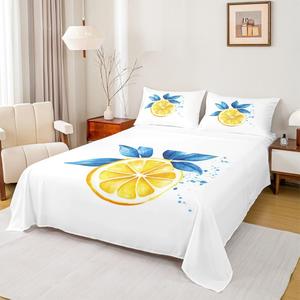 Erosebridal Комплект постельного белья Yellow Lemon с водяным принтом летних растений в бело-желто-голубой гамме, Blue White Yellow