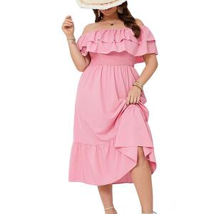 Платье летнее макси с открытыми плечами и двойным рюшем, A-силуэт, casual, струящееся, элегантное, plus size Clearflower, Pink
