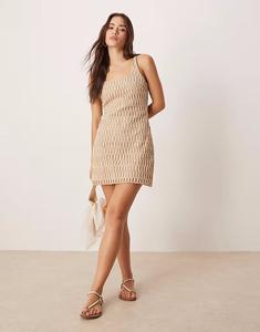 Мини-платье ASOS DESIGN с круглым вырезом и натуральной тканой отделкой натурального цвета
