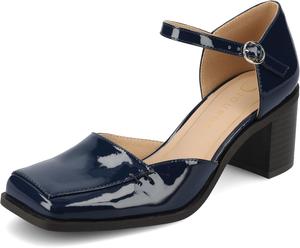 Туфли Journee Collection для женщин с ремешком и пряжкой, открытым квадратным носком, массивным каблуком и подошвой с комфортной пеной Evangeline, темно-синий