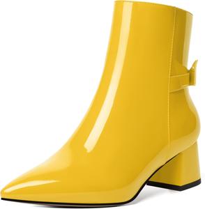 Женские ботильоны MODENCOCO с молнией, стильное платье, свадебные, заостренный носок, бант, лакированные, массивный низкий каблук, 5 см, Yellow