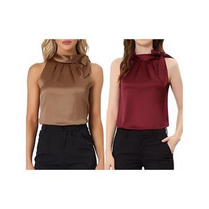 2 упаковки женской элегантной блузки с атласным бантом и воротником-стойкой Inspire Chic, Burgundy Brown