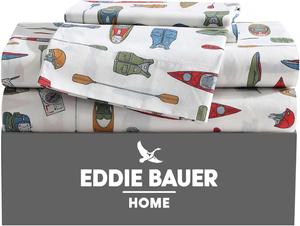 Комплект постельного белья Eddie Bauer - Queen Sheets, Cotton Percale Bedding Set, Crisp & Cool Home Decor (Kayak Adventure, Queen), Kayak Adventure White