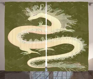 Шторы ABAKUHAUS Green Rustic Curtain, Chinese Dragon East, универсальные ленточные шторы для гостиной с петлями и крючками, 280 x 225 см, цвет: зелено-желтый Abakuhaus