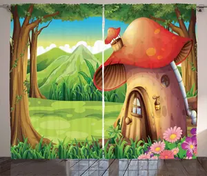 Штора ABAKUHAUS Грибная в деревенском стиле, Лес горной ромашки, универсальная ленточная штора для гостиной с петлями и крючками, 280 x 175 см, алый, бледно-коричневый, зеленый Abakuhaus
