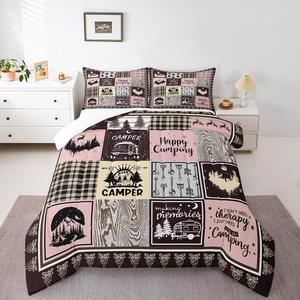 Erosebridal Комплект постельного белья Kids Happy Camping с утепленным одеялом в розовую клетку Buffalo Plaid и тематическим принтом сосен и оленей, Pink