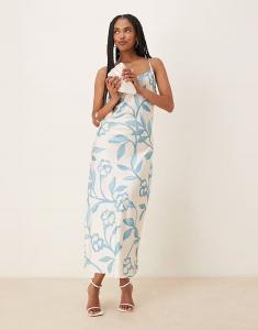 Длинное платье-комбинация AWARE синего цвета с цветочным принтом