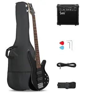 Бас-гитара Glarry GIB 4 струны полного размера с хамбакерами, черная + усилитель 20 Вт