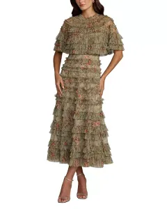 Платье миди с цветочным принтом и оборками из сетчатой ткани Mac Duggal, зеленый