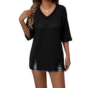 Женская летняя блузка с v-образным вырезом и короткими рукавами Clearflower, Black