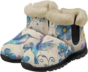 Женские зимние ботинки Jeiento Cute Owl с мехом, утепленные рабочие ботильоны с противоскользящей подошвой, Blue Hummingbird Floral