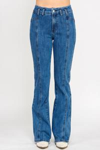 Высокая посадка, отделка швами, расклешенные брюки TRUEDAMES, темно-синий