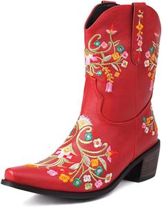 Женские ковбойские сапоги Alyaafifa Western с вышивкой, массивные каблуки, закрытый носок, средняя голень, ботильоны, осенне-зимняя нарядная обувь, Red