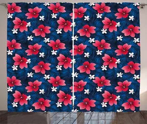 Шторы ABAKUHAUS Navy and Blush Rustic, Exotic Flora, универсальные ленточные шторы для гостиной с петлями и крючками, 280 x 245 см, цвет: темно-синий, темно-коралловый