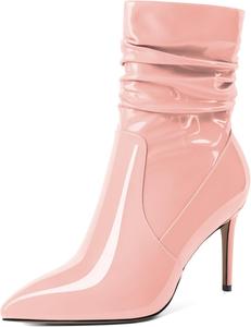 Женские скошенные ботильоны Mettesally с высоким каблуком, заостренным носком, модные стильные с боковой молнией, каблук 3,5 дюйма, ботинки средней высоты, Patent Pink