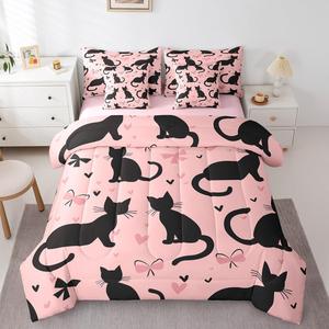 Erosebridal Комплект постельного белья Black Cat с милыми бантами и котиками для девочек, Black Pink