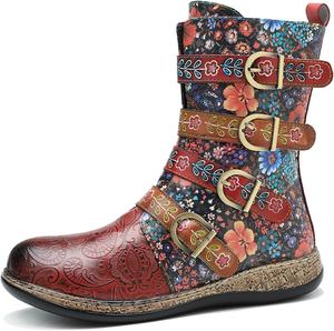 Женские ручные ретро-сапоги на высоком каблуке из овчины, красочная роспись, металлический стиль - модные, удобные, прочные, уникальный стиль меньшинств Riutiru, Red 2