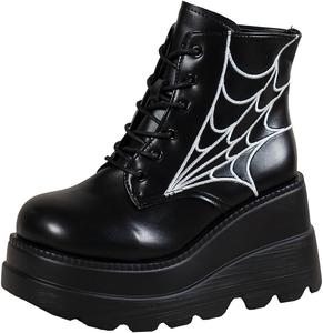 Женские боевые ботинки на высоком каблуке с квадратным носком, шнуровкой и молнией, высокие ботинки на танкетке с массивной подошвой, ботинки до щиколотки для женщин FOBOINED, Black-18