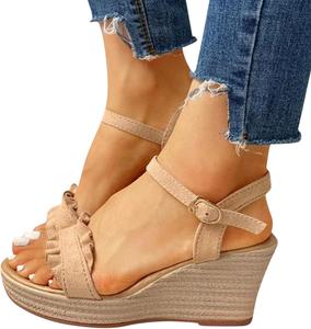 Женские эспадрильи ZBYY с открытым носком, ремешком на щиколотке и пряжкой, летние сандалии на танкетке с платформой, Beige 6.5-7