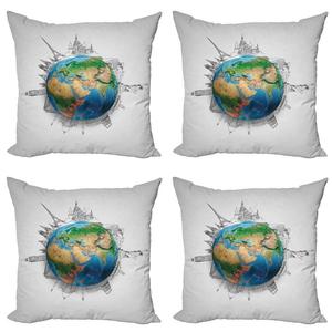 Комплект чехлов на подушки ABAKUHAUS Earth (4 предмета), реалистичный глобус планеты, современная двусторонняя цифровая печать, 50 см x 50 см, синий, зеленый, светло-коричневый