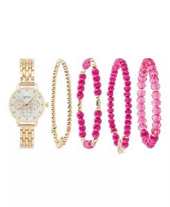 Женские аналоговые часы с блестящим золотым металлическим ремешком из сплава, 31 мм, со штабелируемыми браслетами, подарочный набор American Exchange, золото