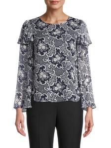 Шелковая шифоновая блузка с оборками Rochelle Fleur Rebecca Taylor, цвет Blue Floral Multi