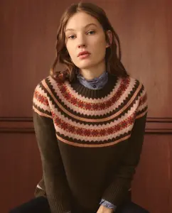 Женский джемпер с круглым вырезом, жаккардовая вставка с узором Lloyd's, хаки