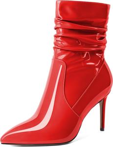 Женские скошенные ботильоны Mettesally с высоким каблуком, заостренным носком, модные стильные с боковой молнией, каблук 3,5 дюйма, ботинки средней высоты, Patent Red