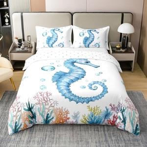 Erosebridal Комплект постельного белья Seahorse из 100% хлопка с морским принтом для детской комнаты, Blue Purple