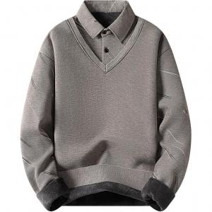 Свитер мужской с воротником-поло, утепленный и с флисовой подкладкой, стиль "мок два пирса" VanCamel, бежевый