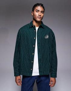 Рубашка свободного кроя ASOS DESIGN в зеленую полоску с вышивкой на груди