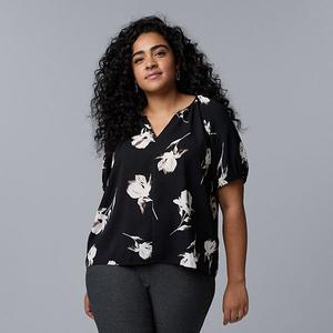 Блузка с буфами Plus size Simply Vera Vera Wang, Black White Floral