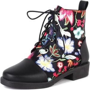Женские ботильоны UniqueStride с квадратным носком, шнуровкой и среднем каблуке, лаковая кожа, короткие, Black Flowers