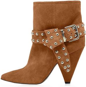 Женские модные ботильоны YDN с острым носком, заклепками, высокими конусообразными каблуками, ремешком с пряжкой, для вечеринок и повседневной носки, размеры 4-16 US, Brown