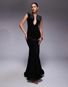 Платье макси из бархата премиум-класса ASOS DESIGN с глубоким вырезом и вырезом «рыбий хвост» черного цвета