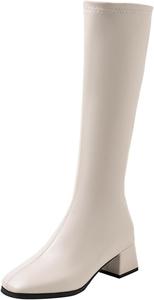 Женские высокие ботинки до колена на массивном каблуке, модные ботильоны с заостренным носком и утягивающим эффектом, однотонные, для теплой зимы Generic, Beige