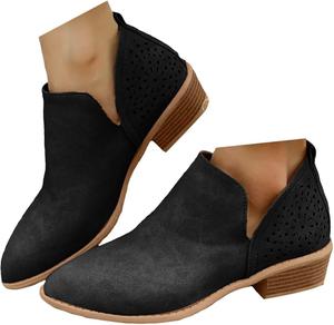 Женские короткие ботильоны на низком каблуке, ковбойские ботинки с вырезами и перфорацией, повседневные ботинки на массивном каблуке, с боковым вырезом V, женские бохо-шлепанцы для пляжа и путешествий Generic, Black