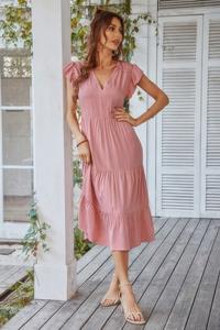 V-образный вырез с пышными рукавами и ярусным подолом платье TRUEDAMES, розовый