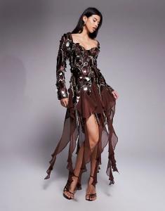 Коричневое мини-платье ASOS LUXE из шифона с отделкой