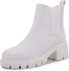 Mm Женские ботильоны на платформе, с круглым носком, эластичной вязаной вставкой, без застежки, с массивным каблуком средней высоты, челси, с протекторной подошвой, нескользящие, из матовой замши, для осени и зимы, белые, черные